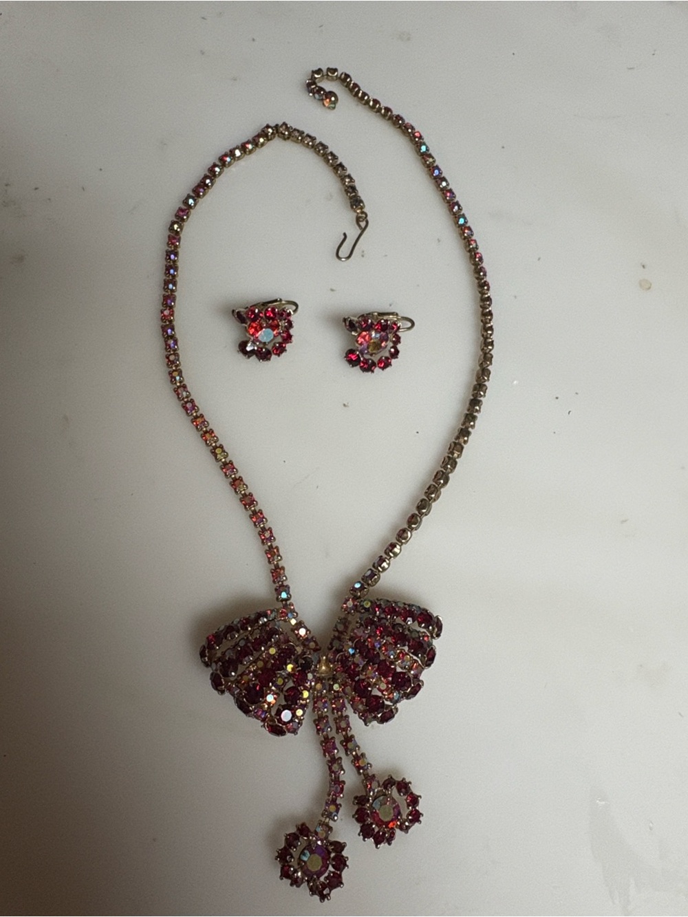 Vintage Red AB Rhinestone Necklace and Clip on Earrings